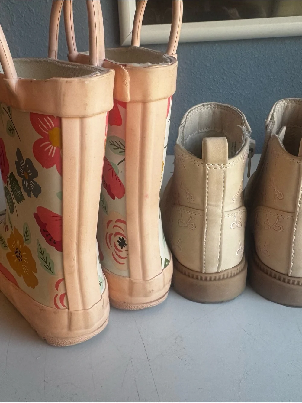 wonder nation Cream Floral Kids Rain Boots with Pink Trim